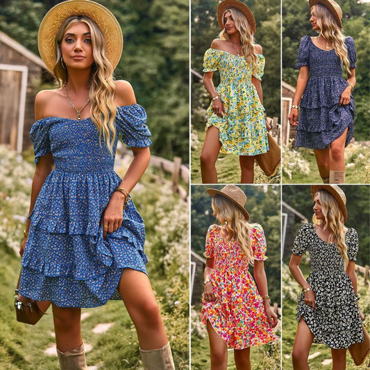 Spring And Summer Women'S Fashion Casual Small Tiny Flower Printed Short Sleeve Dress