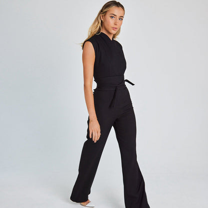 Plus Size Summer Casual Office Solid Color Fashion Women Sleeveless Wide Leg Jumpsuits