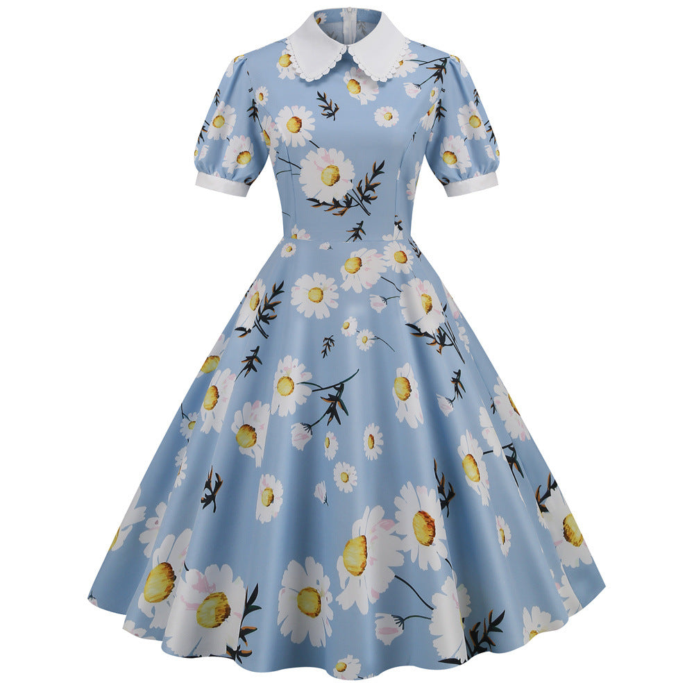Women Vintage Summer Floral Printed Short-Sleeved Doll Collar Casual Large Swing Dress