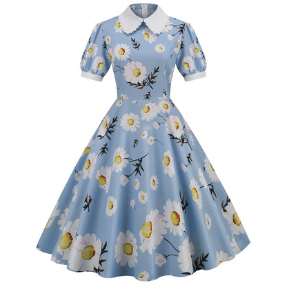 Women Vintage Summer Floral Printed Short-Sleeved Doll Collar Casual Large Swing Dress