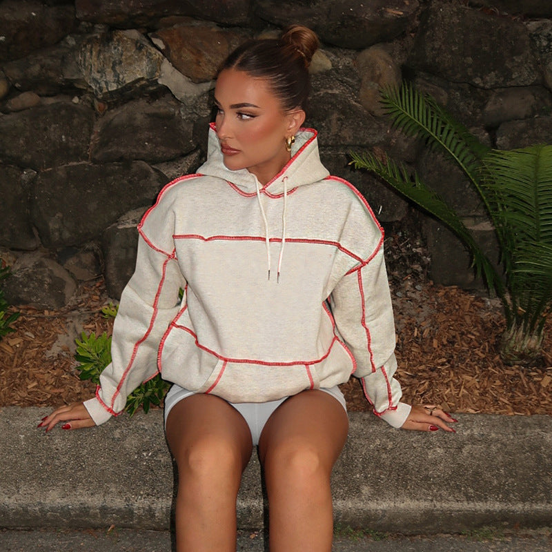 Women Fashion Casual Drawstring Loose Lock Edge Long Sleeve Hoodies