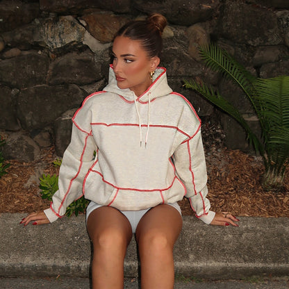 Women Fashion Casual Drawstring Loose Lock Edge Long Sleeve Hoodies