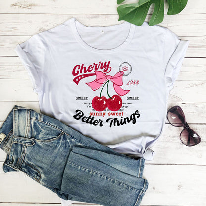 Camiseta informal de verano para mujer con estampado de cerezas, cuello redondo y manga corta