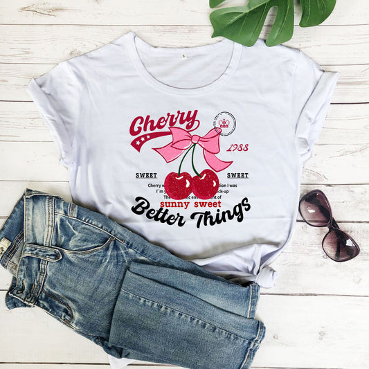 Camiseta informal de verano para mujer con estampado de cerezas, cuello redondo y manga corta