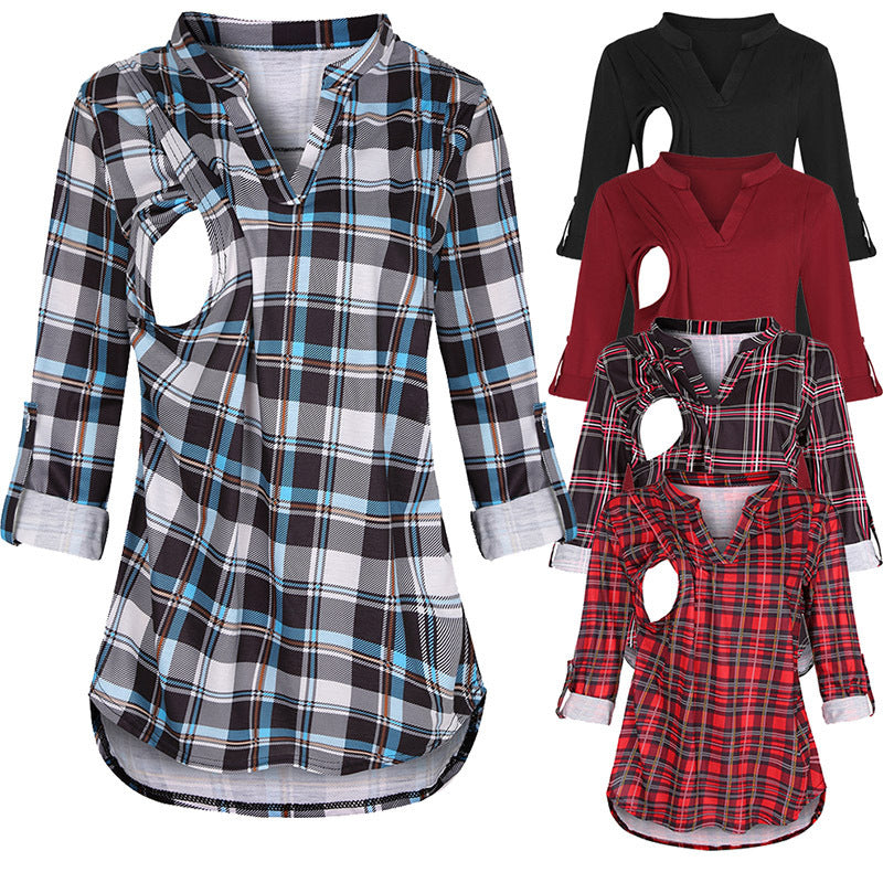 Pregnant Women Fashion Casual V-Neck Plaid Print Breastfeeding Long Sleeve Top