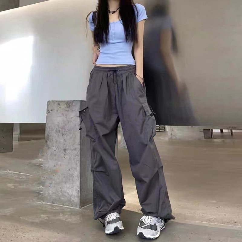 Women Fashion Casual Loose Solid Color Jogger Cargo Pants