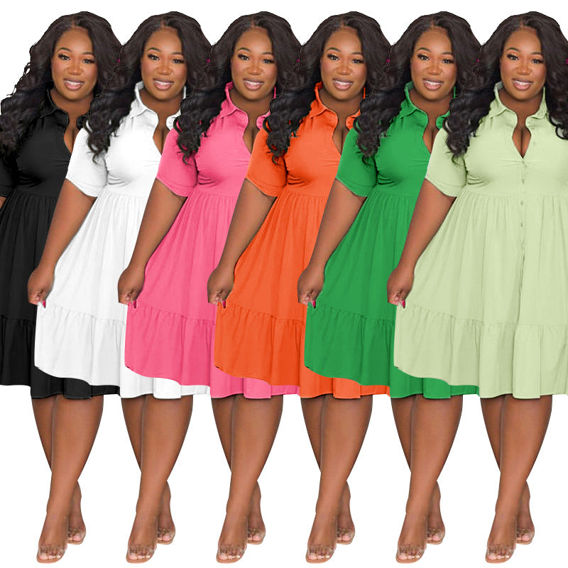 Summer Women Casual Plus Size Lasel Single-Breasted Short-Sleeved Shirt Dress