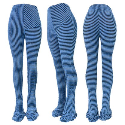 Women Plush Stripe Texture Breathable Large Elastic Fashion Casual Slim-Fit Pants