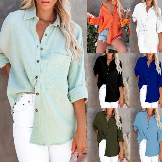 Blusa informal de lino y algodón con botones, cuello en V y manga larga para mujer