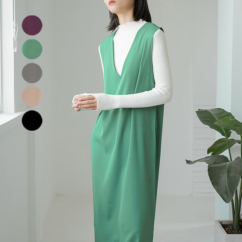 Women Casual Loose Solid Color Sleeveless V-Neck Over-The-Knee Pocket Dress