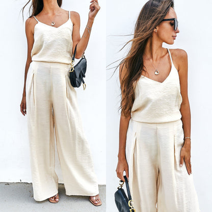Conjunto informal de dos piezas para mujer: top con tirantes de color liso y pantalones anchos