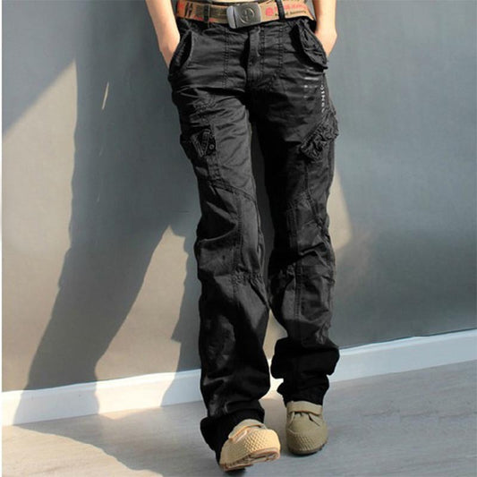Pantalones cargo rectos, holgados, informales, negros, de talla grande y multibolsillos para mujer