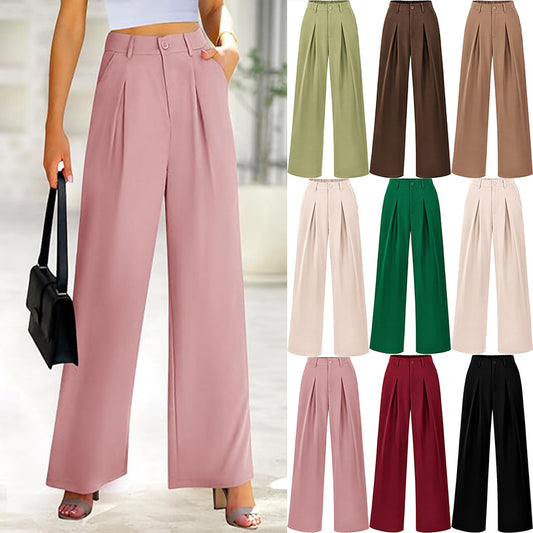 Pantalones casuales de pierna ancha y holgados de color sólido para mujer