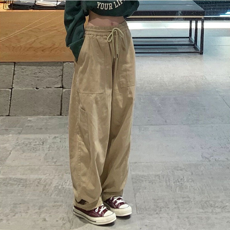 Women Casual Solid Color Loose Elastic High Waist Straight Leg Cargo Pants