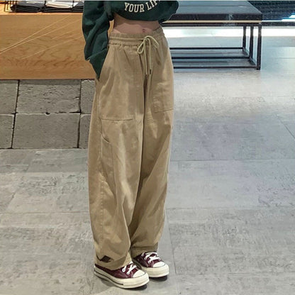 Women Casual Solid Color Loose Elastic High Waist Straight Leg Cargo Pants