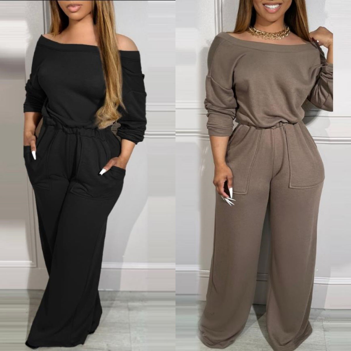 Women Simple Casual Solid Color Off Shoulder Jumpsuits