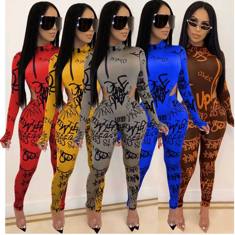 Conjunto de dos piezas informal ajustado de manga larga con estampado de letras para mujer y pantalones