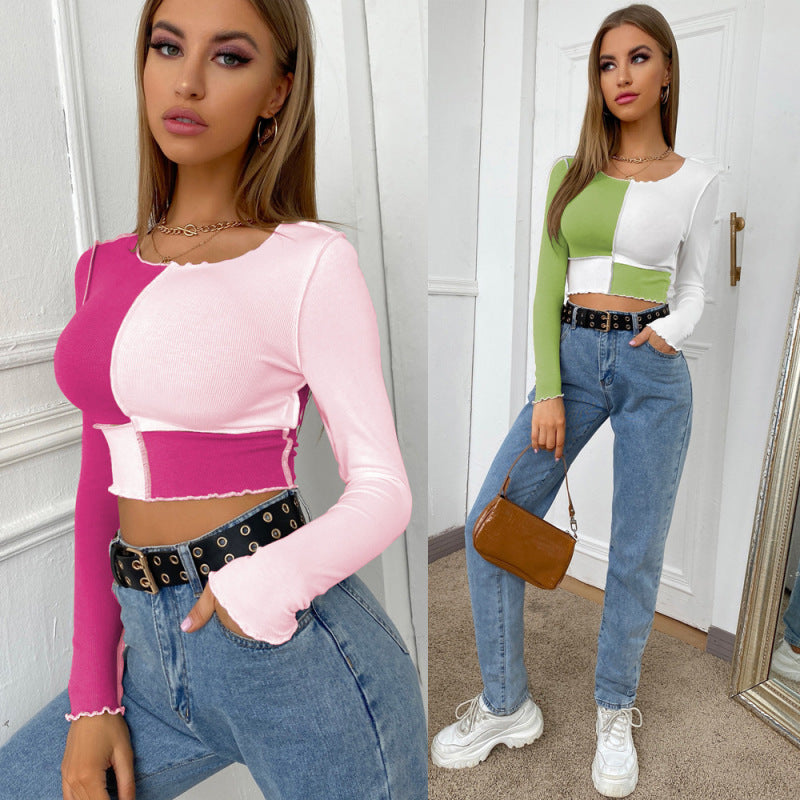 Camiseta corta informal de manga larga con bloques de color a la moda para mujer