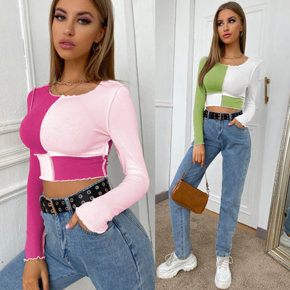 Camiseta corta informal de manga larga con bloques de color a la moda para mujer
