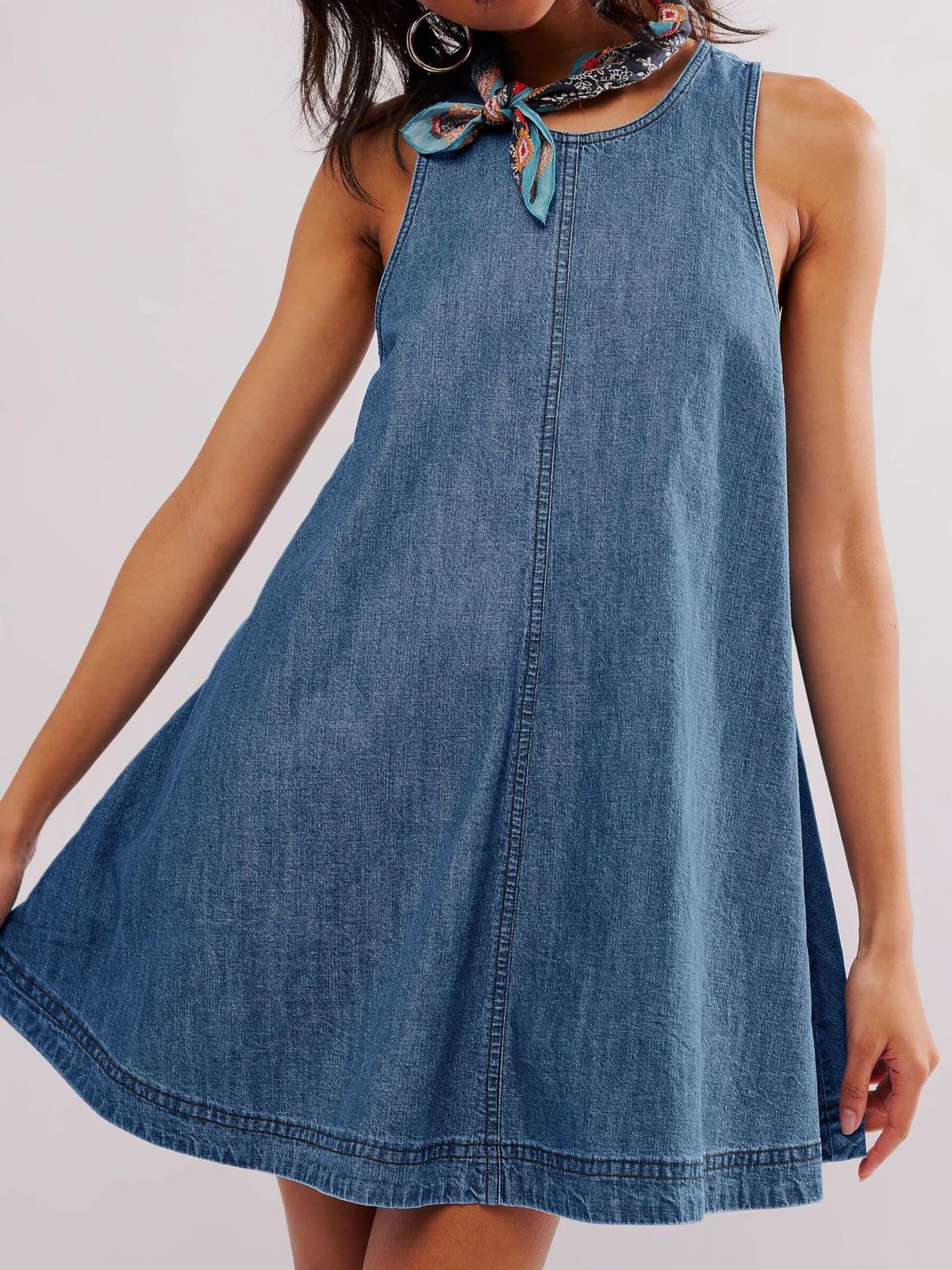 Women Fashion Casual Round-Neck Sleeveless Backless Loose Denim Dress
