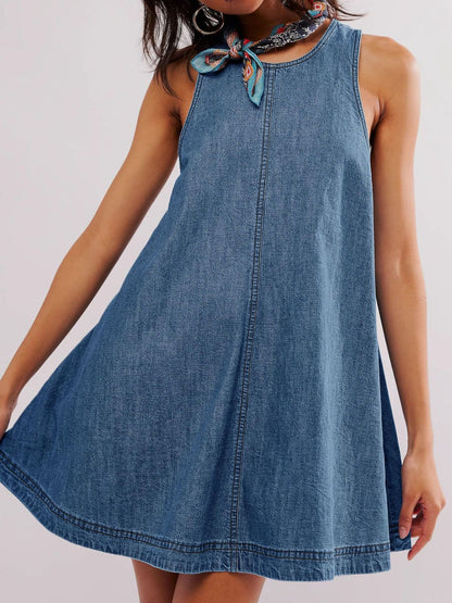 Women Fashion Casual Round-Neck Sleeveless Backless Loose Denim Dress