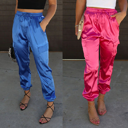 Women Fashion Casual Solid Color Elastic Waist Cuffed Jogger Pants