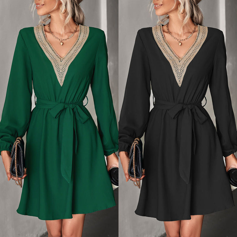 Vestido informal de manga larga con encaje y escote en V para mujer, moda Otoño Invierno