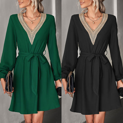 Vestido informal de manga larga con encaje y escote en V para mujer, moda Otoño Invierno