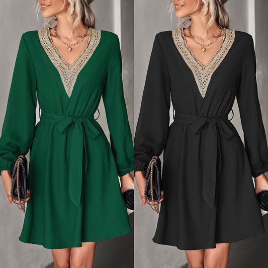 Vestido informal de manga larga con encaje y escote en V para mujer, moda Otoño Invierno
