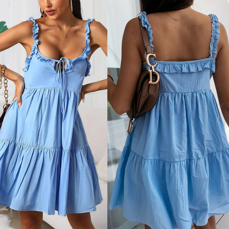 Women Sweet Vacation Solid Color Casual Loose Front Tie Ruffled Large Swing Dress
