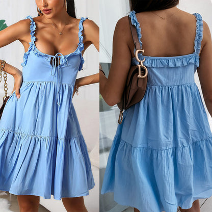 Women Sweet Vacation Solid Color Casual Loose Front Tie Ruffled Large Swing Dress