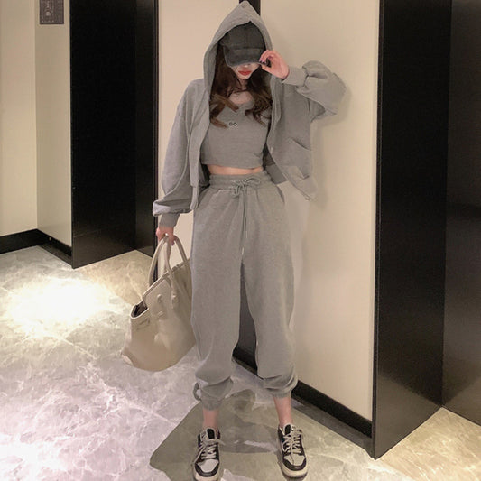 Women Fashion Casual Solid Color Camisole Zipper Crop Top Hoodies Defined Waist Drawstring 3pcs Set