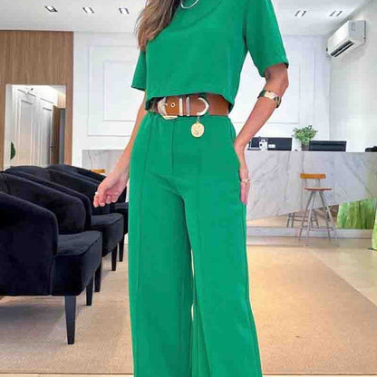 Conjunto de 2 piezas de camiseta corta informal de verano para mujer con manga corta y pantalones anchos de cintura alta
