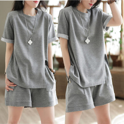 Conjunto deportivo informal de moda para mujer, cuello redondo, manga corta, abertura lateral, pantalones cortos de cintura alta