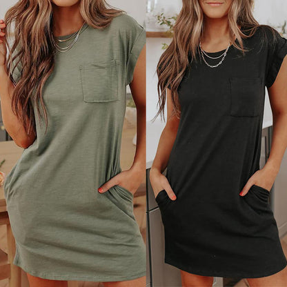 Women Fashion Casual Round Neck Solid Color Short Sleeve Dress