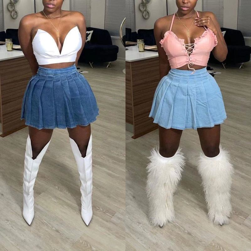 Women Fashion Casual Denim Pleated Skirt