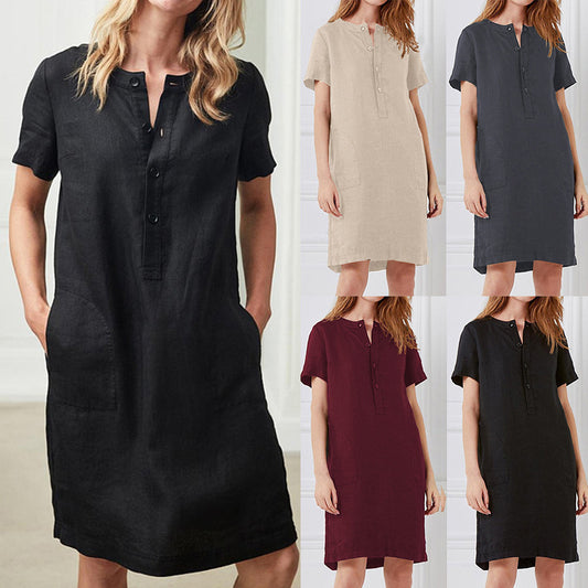 Cotton Linen Loose Short-Sleeved Mid-Length Women Solid Color Casual Dress