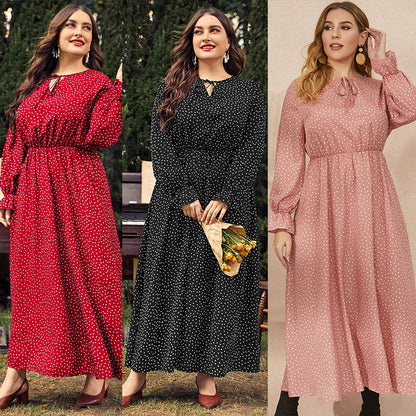 Women Fashion Casual Plus Size Polka Dot Print Long Sleeve Dress