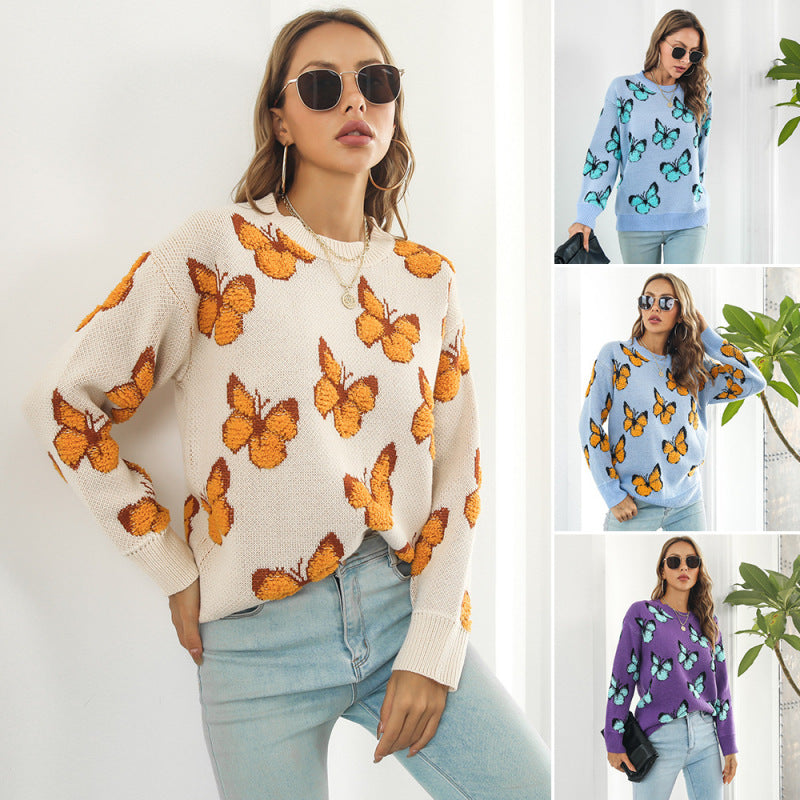 Autumn Winter Women Casual Loose Three-Dimensional Butterfly Long-Sleeved Knitted Sweater