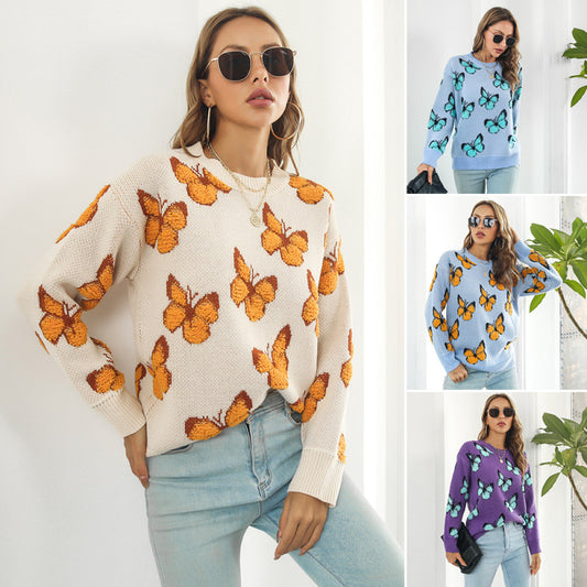 Autumn Winter Women Casual Loose Three-Dimensional Butterfly Long-Sleeved Knitted Sweater