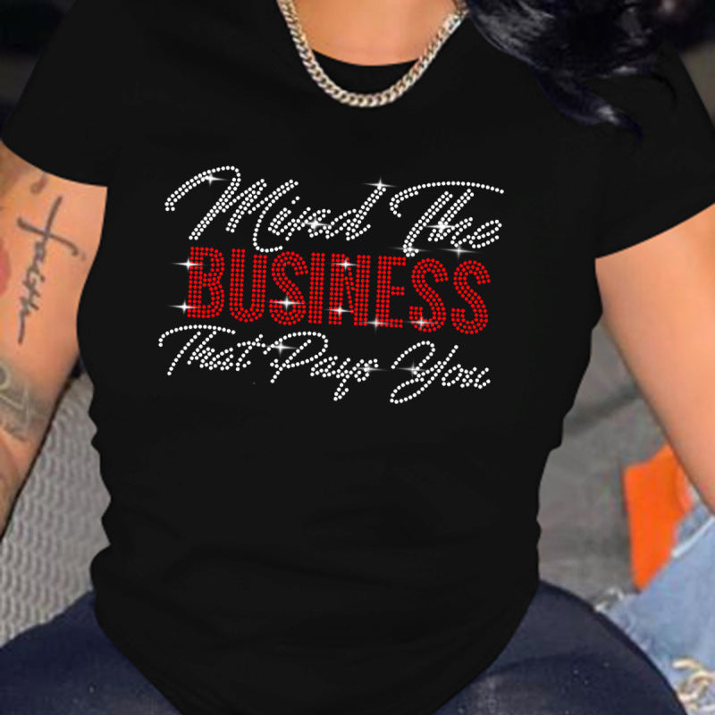 Camiseta informal de manga corta con cuello redondo y diamantes de imitación para mujer
