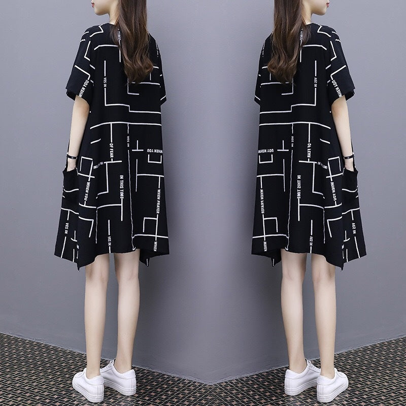 Women Fashion Casual Line Printing Short Sleeve Loose Dress