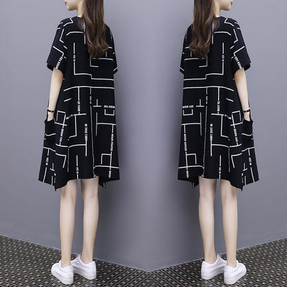 Women Fashion Casual Line Printing Short Sleeve Loose Dress
