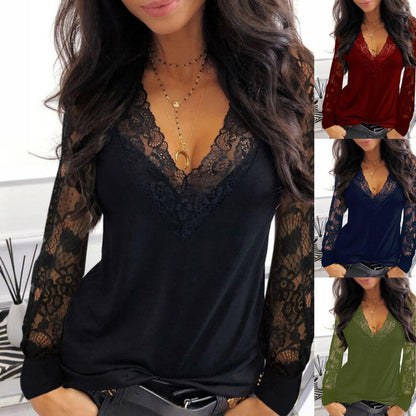 Blusa informal de manga larga con cuello en V y encaje de color liso para mujer