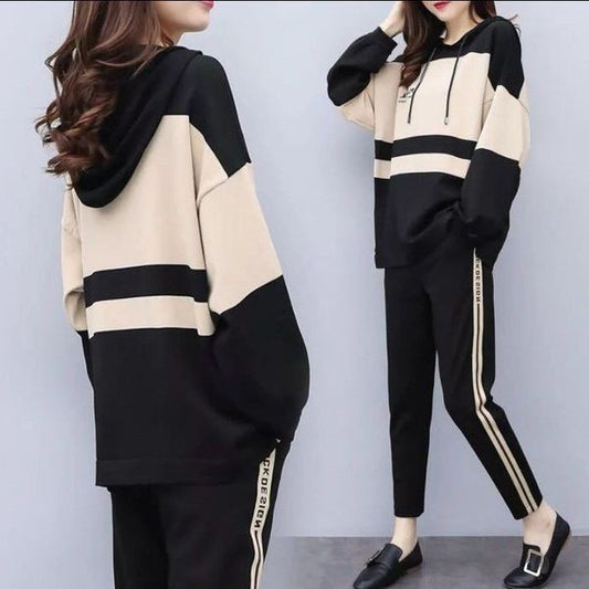 Women Fashion Casual Loose Color Blocking Drawstring Hoodies Slim-Fit Pants 2pcs Set