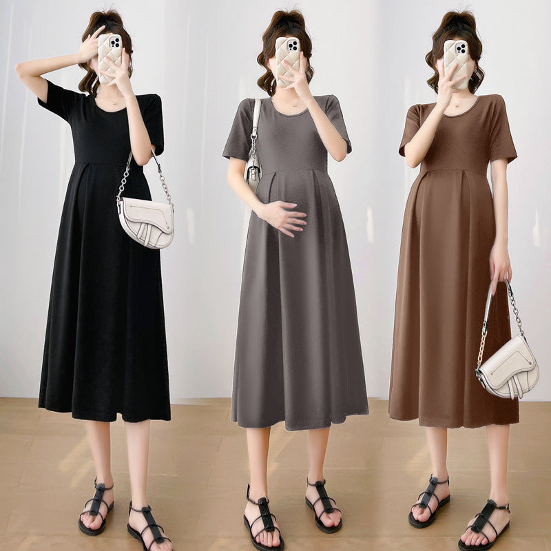 Summer Women Fashion Casual Solid Color Short Sleeve Maternity Dress