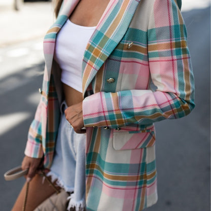 Blazer informal de manga larga a cuadros multicolor para mujer