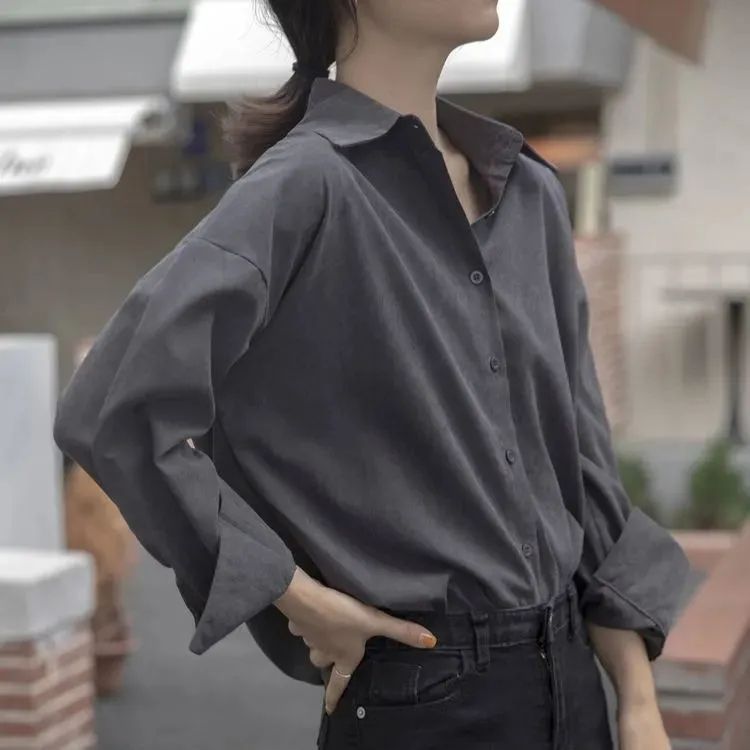 Women Fashion Office Casual Solid Color Long Sleeve Lapel Shirt Blouse