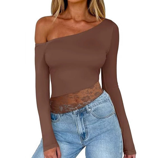 Camiseta informal de manga larga con hombros descubiertos y encaje de color liso para mujer
