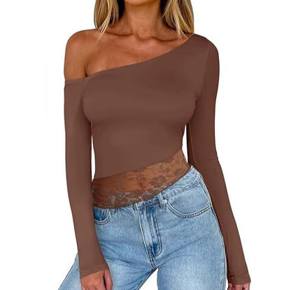 Camiseta informal de manga larga con hombros descubiertos y encaje de color liso para mujer